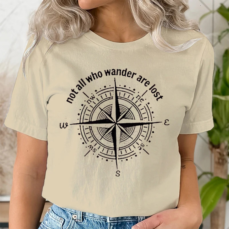 Compass Not All Who Wander Are Lost Print Women Casual T-Shirt Women Summer Harajuku T Shirts Girl Casual Fashion Travel Clothes 240806