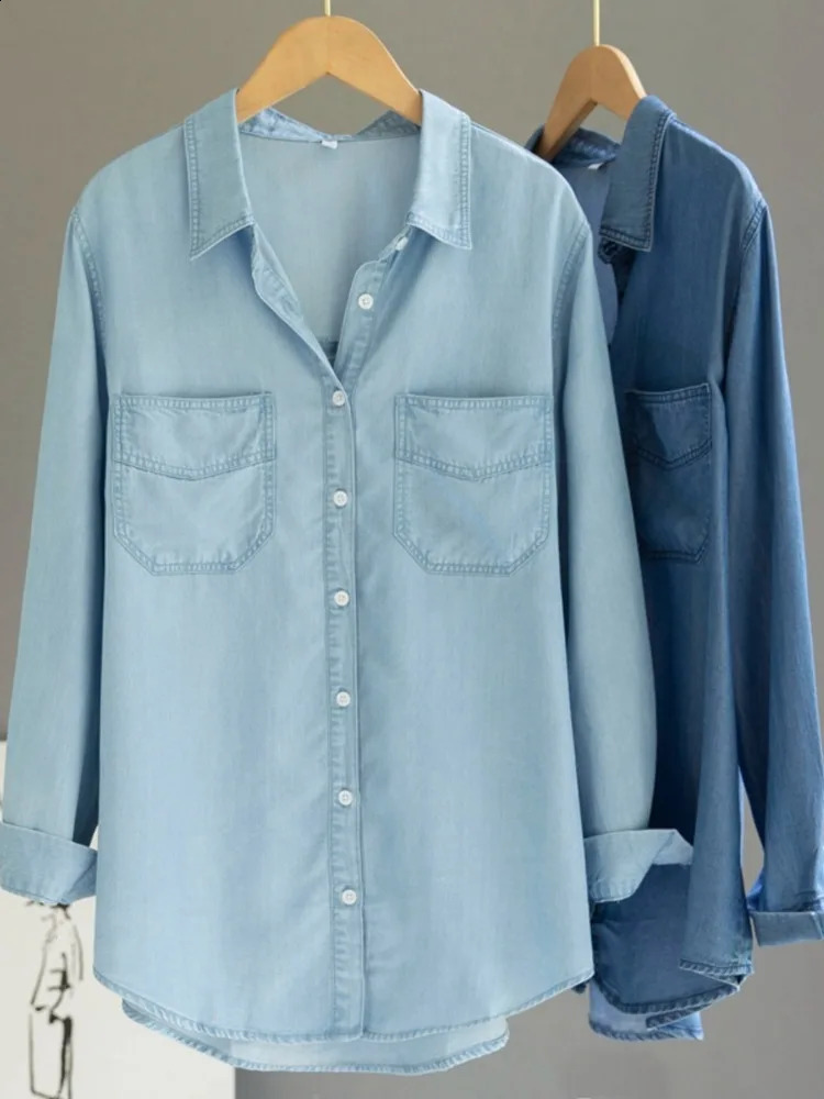 Korea Chic Pockets Splicing Irregular Denim Blouse Women Single Breasted Long Sleeve Jean Shirt Spring 240812