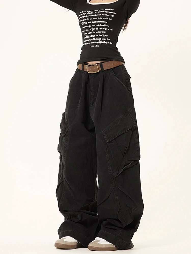 Spring Cargo Jeans American Street Style Baggy Cargo Pants Women Multi-pocket Wide Leg Jeans 240806