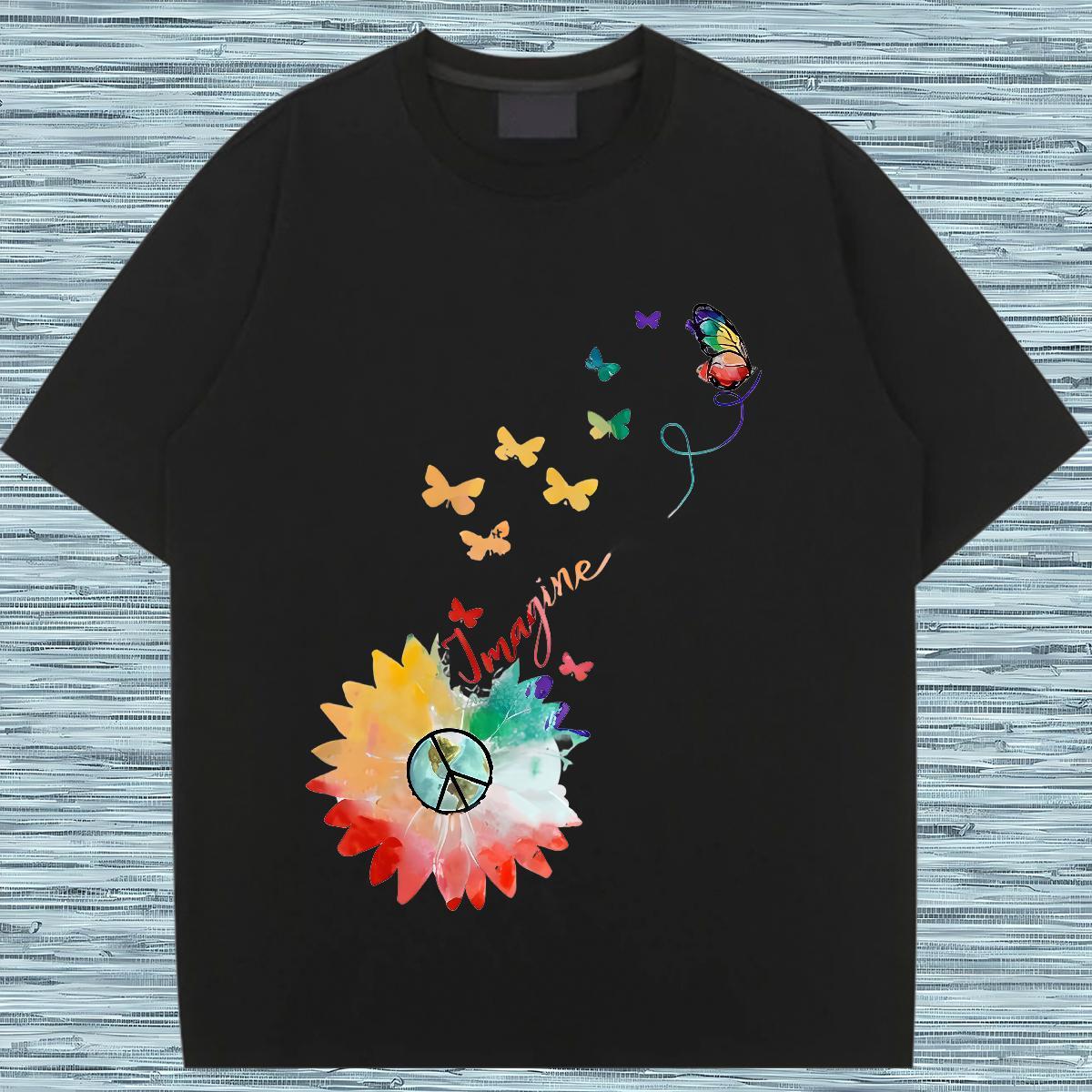 Loose T Shirts Women O Neck Short Sleeves Women Tshirts Anime Oversized Butterfly Spring Summer 230g Pure Cotton 2024 Tee Shirt