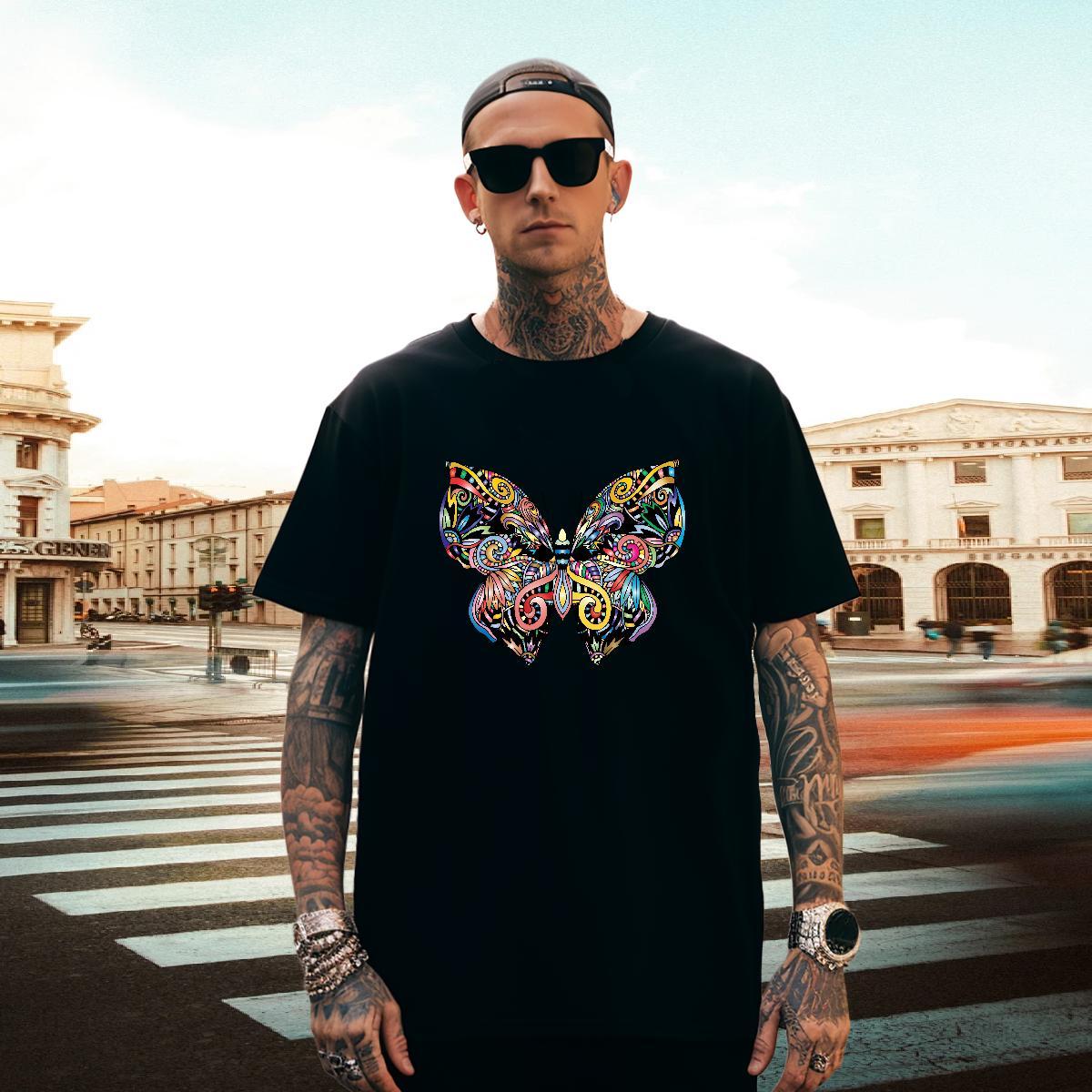 Soft Men Tshirts 230g 100% Cotton Hip Hop Butterfly Plus Size Custom O-Neck Short Sleeve 2024 DIY T Shirt For Man Wear