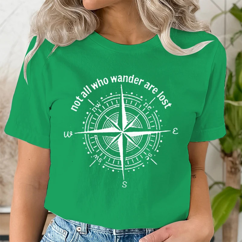 Compass Not All Who Wander Are Lost Print Women Casual T-Shirt Women Summer Harajuku T Shirts Girl Casual Fashion Travel Clothes 240806