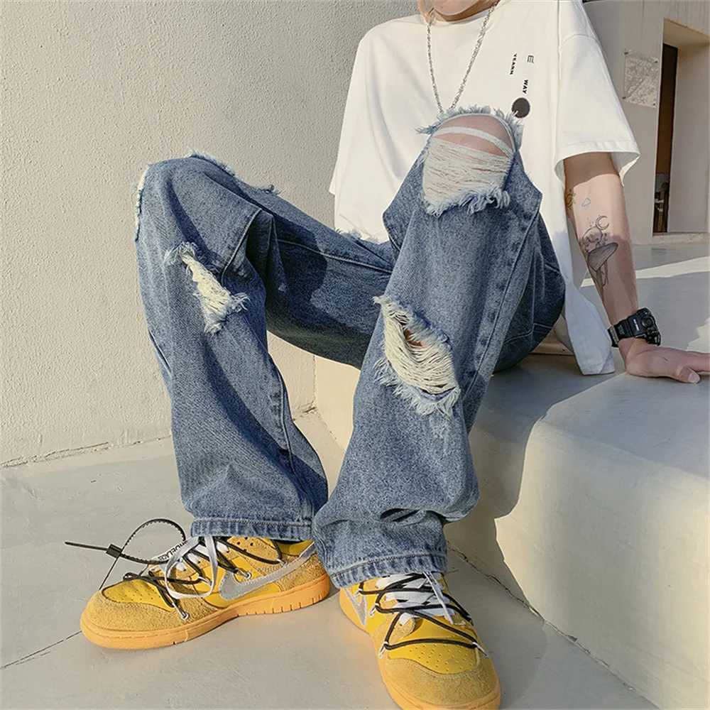 Summer Blue Black Ripped Jeans Men Fashion Casual Wide Leg Jeans Mens Streetwear Loose Hip Hop Straight Hole Denim Pants Men M250610