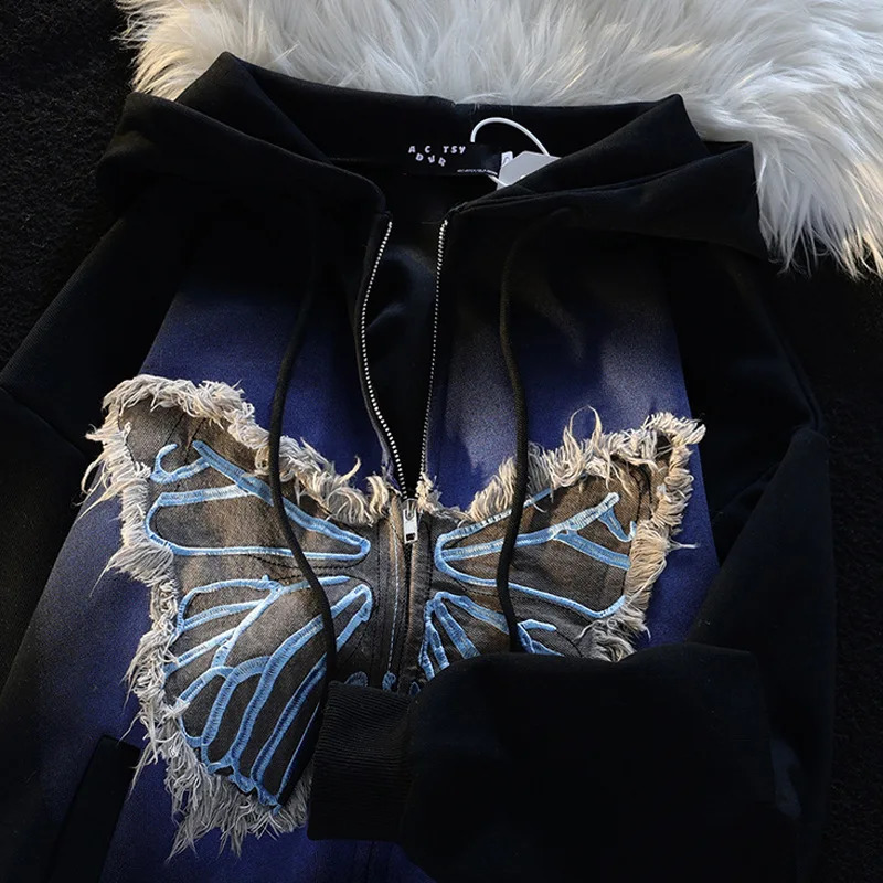 Vintage Denim Butterfly Embroidery Patchwork Tops Women Autumn Loose Long Sleeve Pullovers Y2k Street Hoodies Couple Sweatshirt 240805