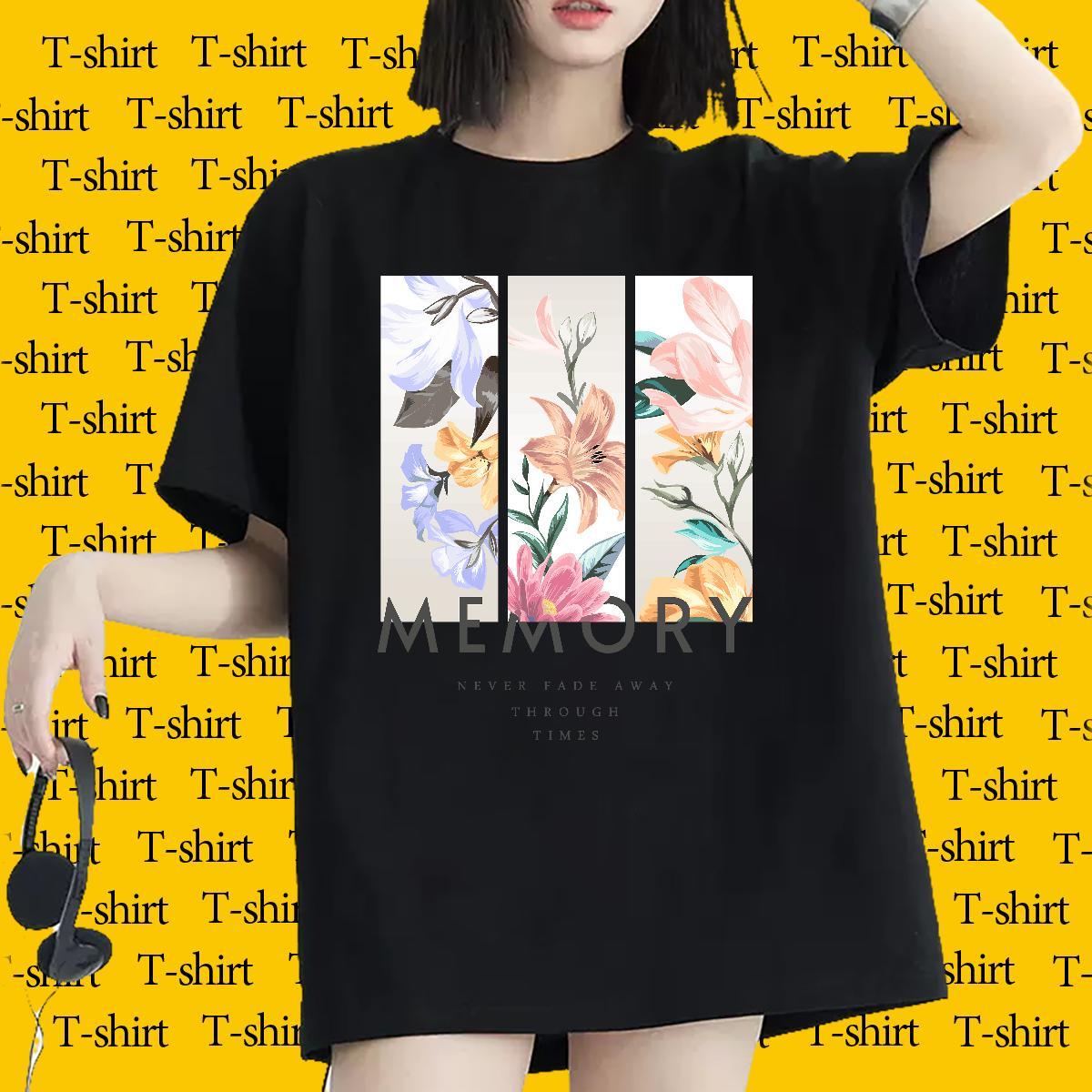 Female Woman T Shirts O Neck Short Sleeves Couples T Shirts Black White flower Daily Outfit 230g 100% Cotton Casual New Polos