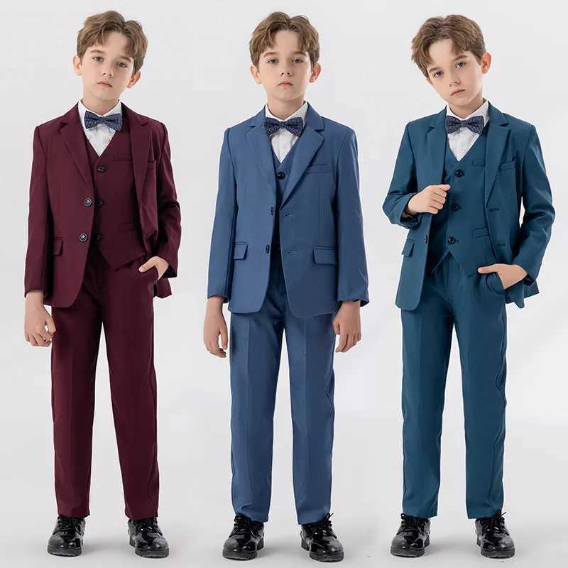 Suits Children White Red Blue Piano Party Dress Kids Jacket Vest Pants Bowtie 4PCS Ceremony Photograph Suit Boys Performance Costume
