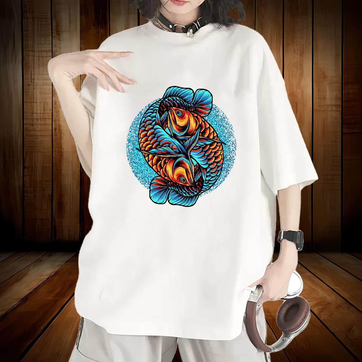 Soft Womens T Shirts Breathable Crew Neck Woman Tshirt Oversized Gold fish High Street Hip Hop 230g Pure Cotton Fashion Tops