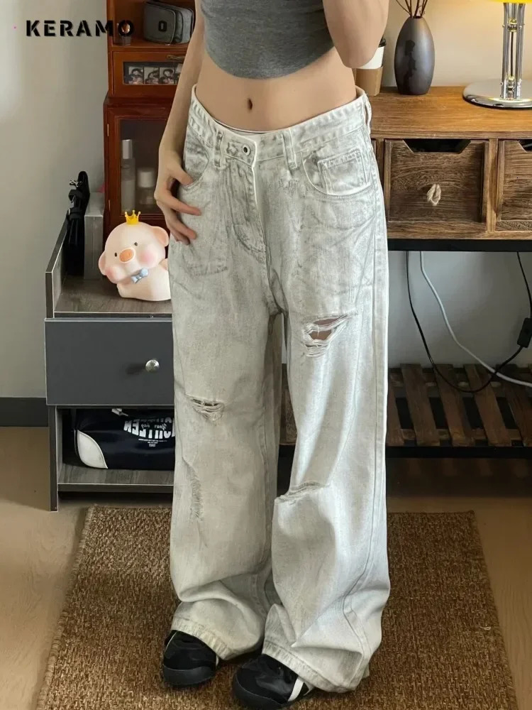 American Vintage High Waist Ripped Jeans Womens Casual Y2K Wide Leg Grunge Pants 2000s Baggy High Street Washed Denim Trouser 240806