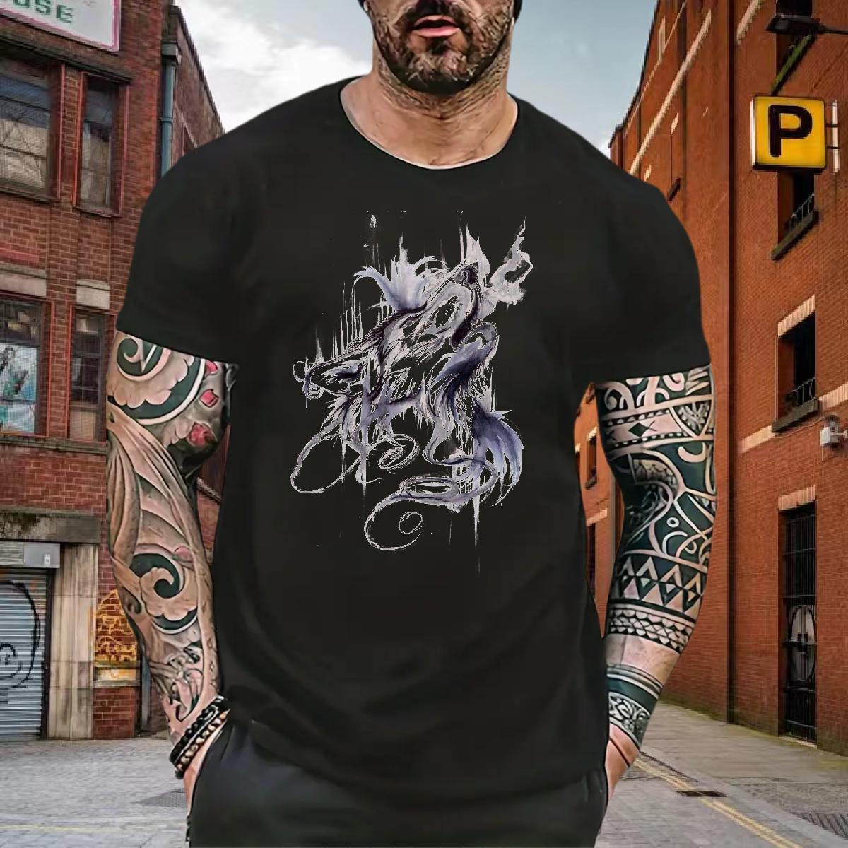 T-Shirts for Men 230g Pure Cotton wolf High Street Hip Hop Short Sleeve Soft Black White Men Tees Casual New High Quality Tshirts