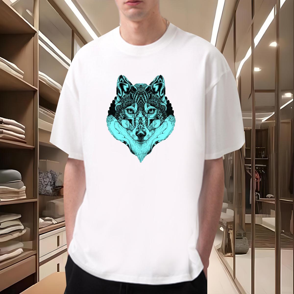 New T Shirt For Man 230g 100% Cotton wolf Home Outdoor Clothes Breathable Loose Men Clothes T-Shirt Cartoon Print