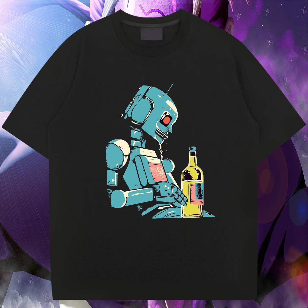 Soft Men Tees 230g Cotton High Street Hip Hop robot Graphic Pure Cotton Casual New T Shirt For Man Polos