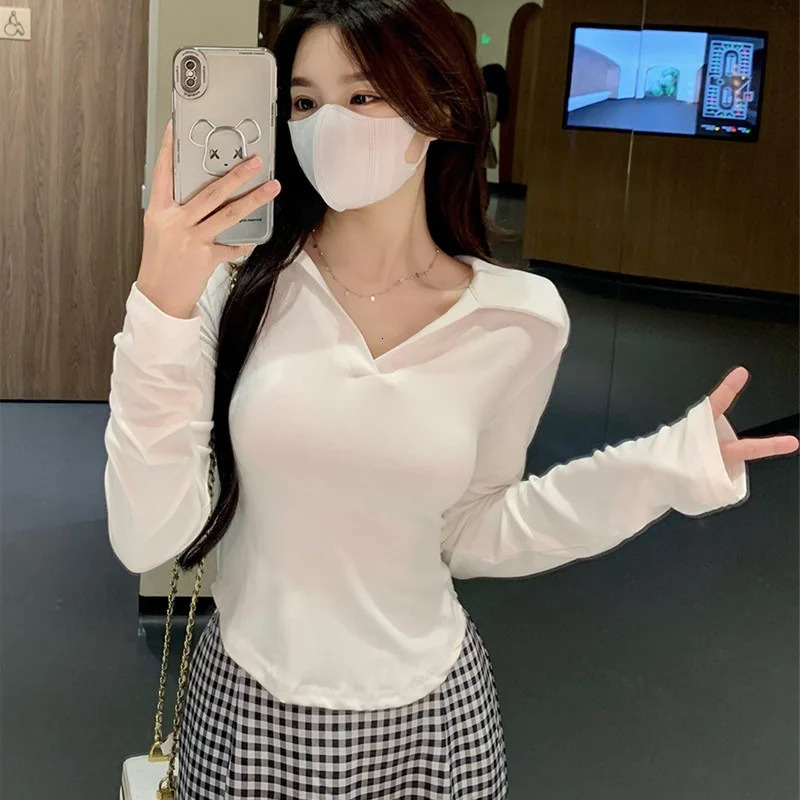 Spring and summer polo neck short sleeved T-shirt white long sleeved slim fit casual shirt womens zipper basic T-shirt 240827