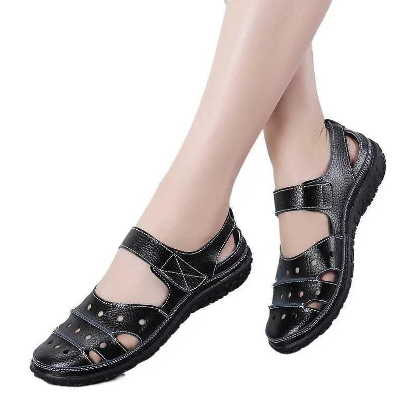 High Quality Mother Womens Female Ladies Genuine Leather White Shoes Sandals Hook Loop Summer Cool Beach Hollow Soft Nurse Shoes T241227