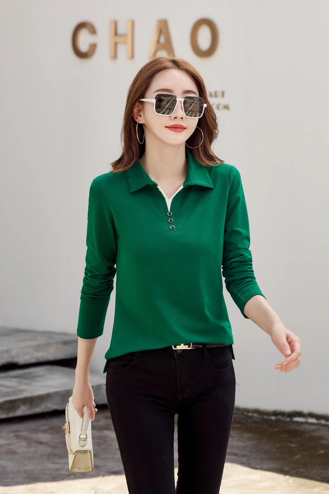 Korean Fashion Autumn Women Polo Shirt Cotton Long Sleeve T-Shirt With Button Solid Candy Color Knit High Quality Women Polo 240806