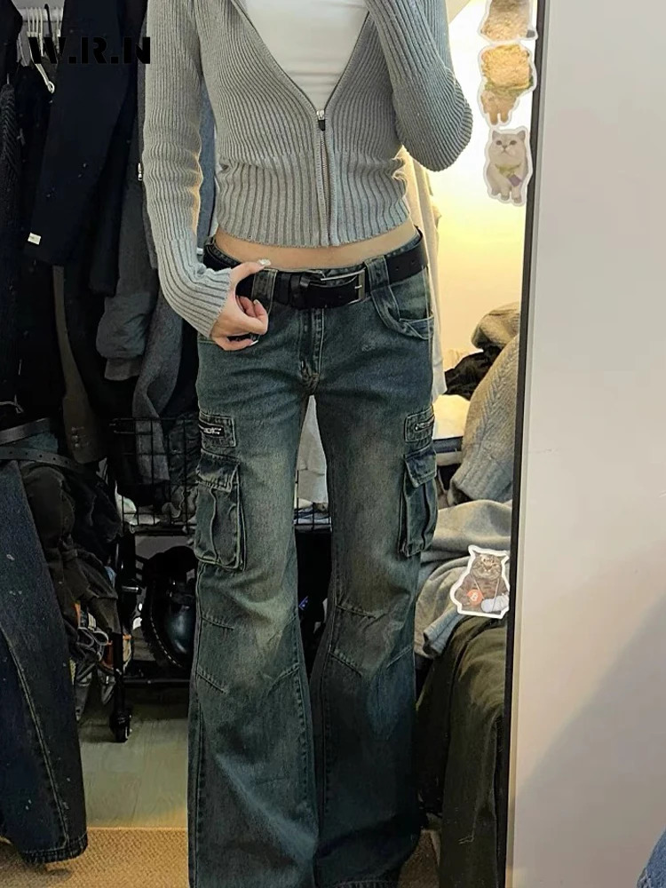 Cargo Pants Women Korean Fashion Big Pocket Femme Flare Pants Spring Summer Casual Mopping Denim Loose Jeans Trousers 240806