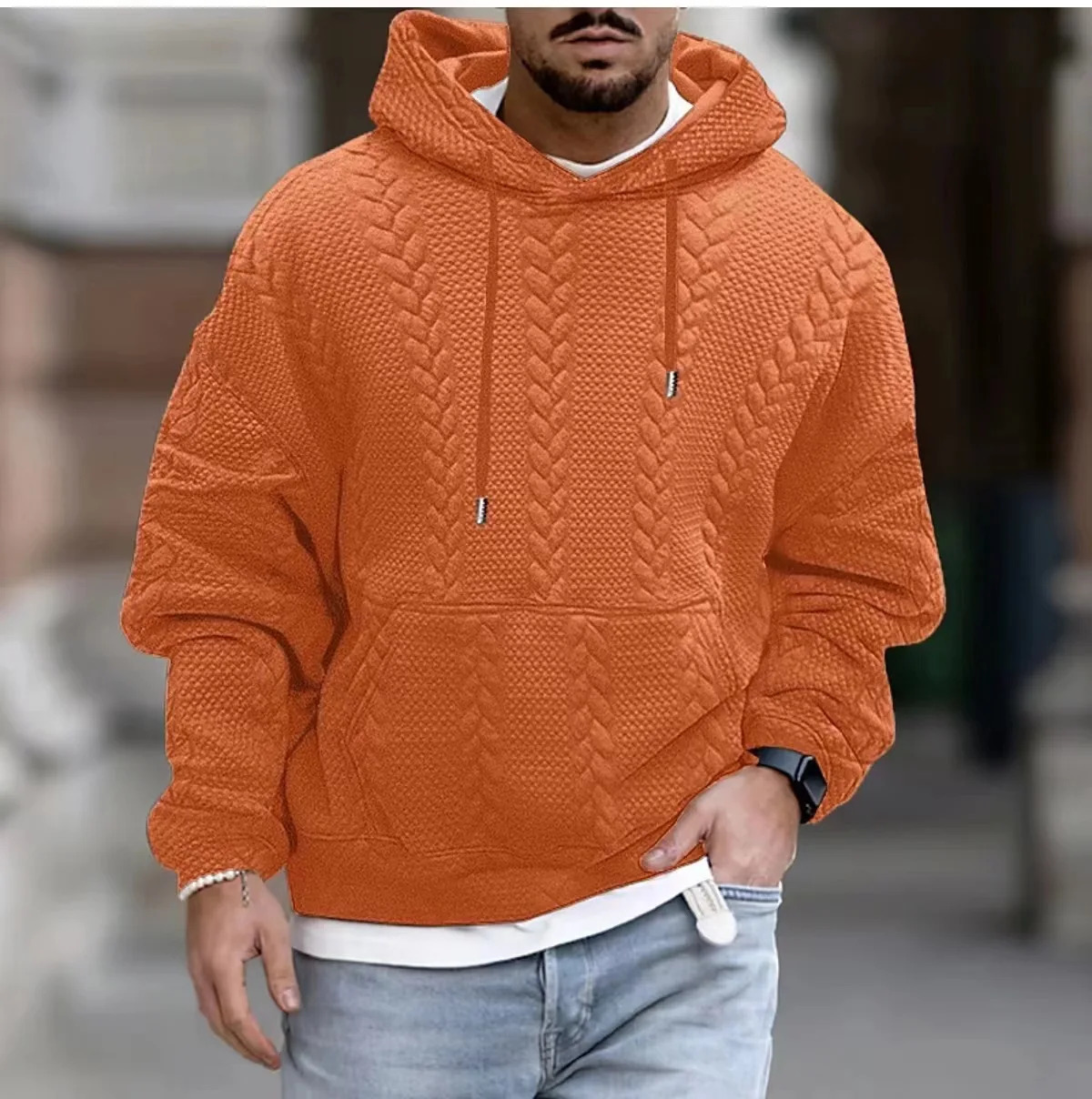 Mens Hoodie Fashion Street Clothing Casual Loose Long Sleeve Tshirt Top Solid Jacquard Knitted Pulling Flower Thick w240821