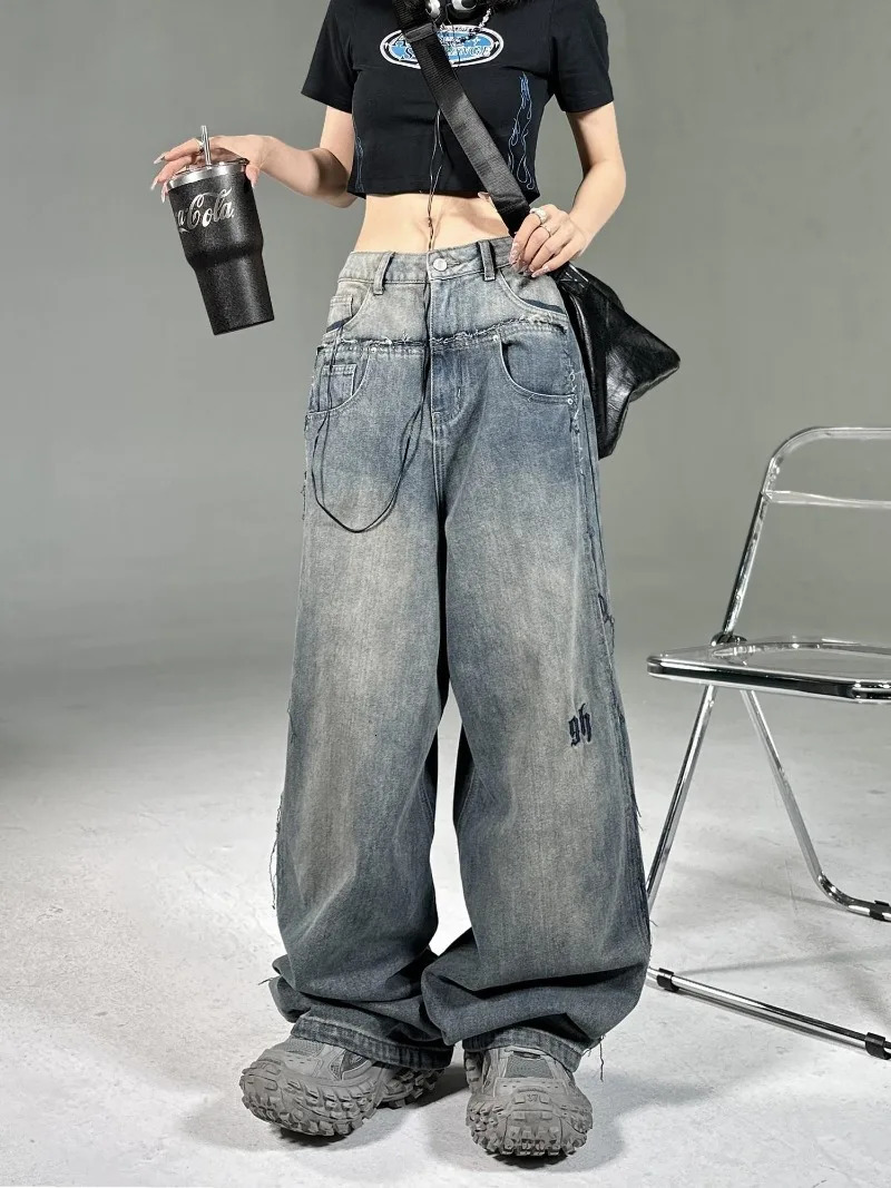American Fashion Letter Embroidered Baggy Jeans Women Y2K High Street Harajuku Vintage Gothic Straight Versatile Mop Pants 240806