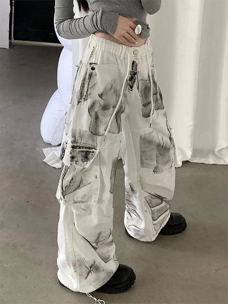 Womens White Cargo Jeans Baggy Vintage High Waist Cowboy Pants Harajuku Aesthetic Tie-Dyed Denim Trousers 90s Y2k Clothes 240806