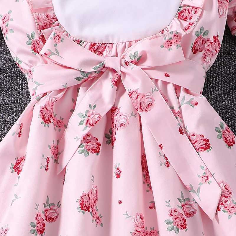 Girls Summer Dress New Retro Pink Cute Flower Retro Printed Lace Princess Girls Dress Fashion 8-12 Year Old Childrens Daily Casual ClothingW240720