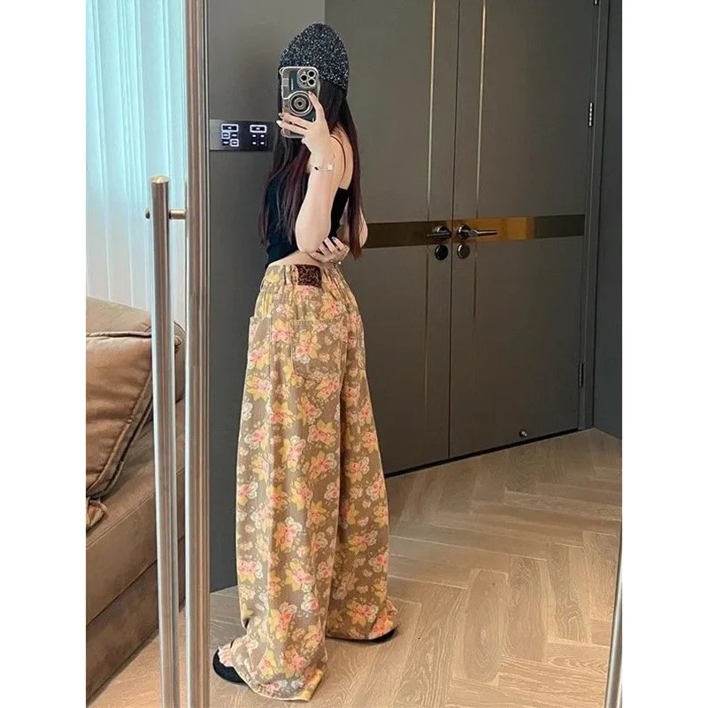 Womens Elegant Vintage High Waist Ripped Jeans High Street Baggy Yellow Pants Fashion Wide Leg Y2K Floral Print Denim Trousers 240806