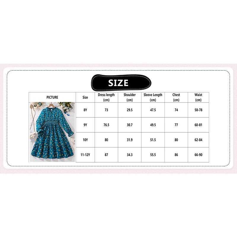 Childrens clothing girl dress 8-12 years old blue long sleeved elastic waist floral print fashion styleW240720
