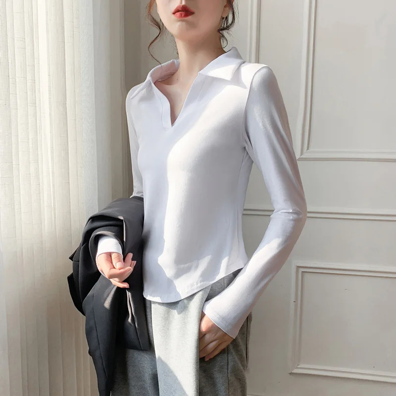 autumn tight fitting long sleeved T-shirt for women cotton lapel polo neck Y2k top for women ultra-thin polo shirt 240827
