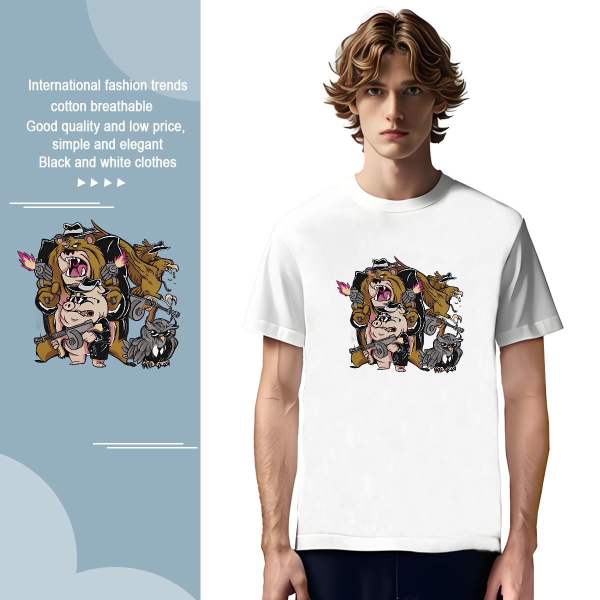 Men T Shirts 230g Cotton Beach Breathable Crew Neck Cartoon Printing L-4XL Men Tees Custom Loose Fit Tops