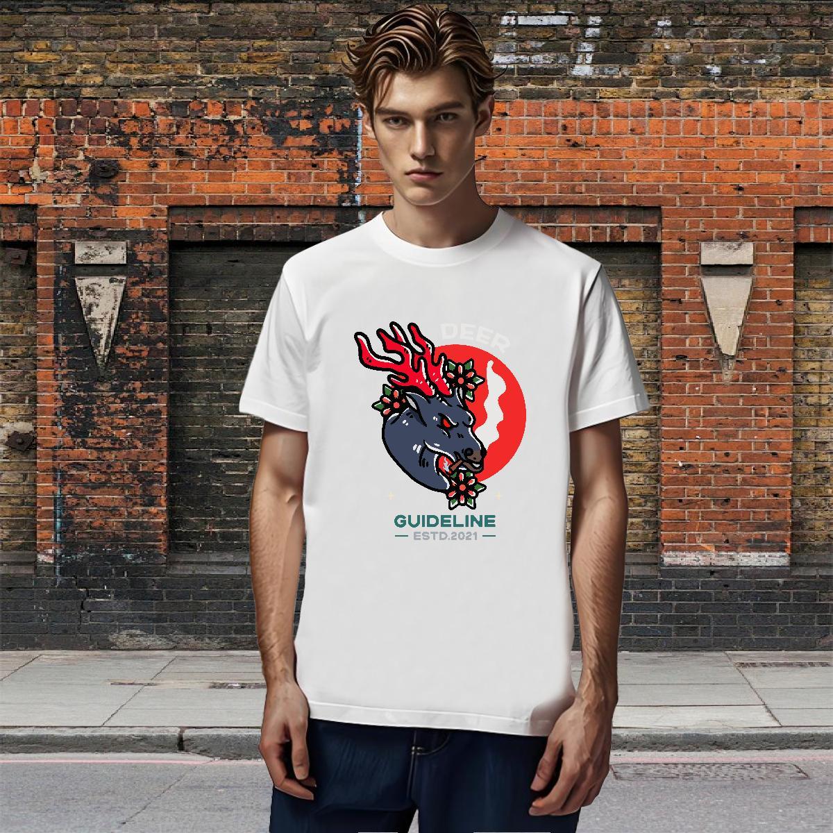 New T Shirts Men 230g Cotton Deer Hip Hop Tee Shirt Short Sleeve O-Neck Popular Men Clothes T-Shirt DIY