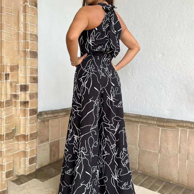 Summer Sexy Halterneck Bodycon Sleeveless High Jumpsuit Women Abstract Print Chic Streetwear Wide Leg Romper Mujer 240806