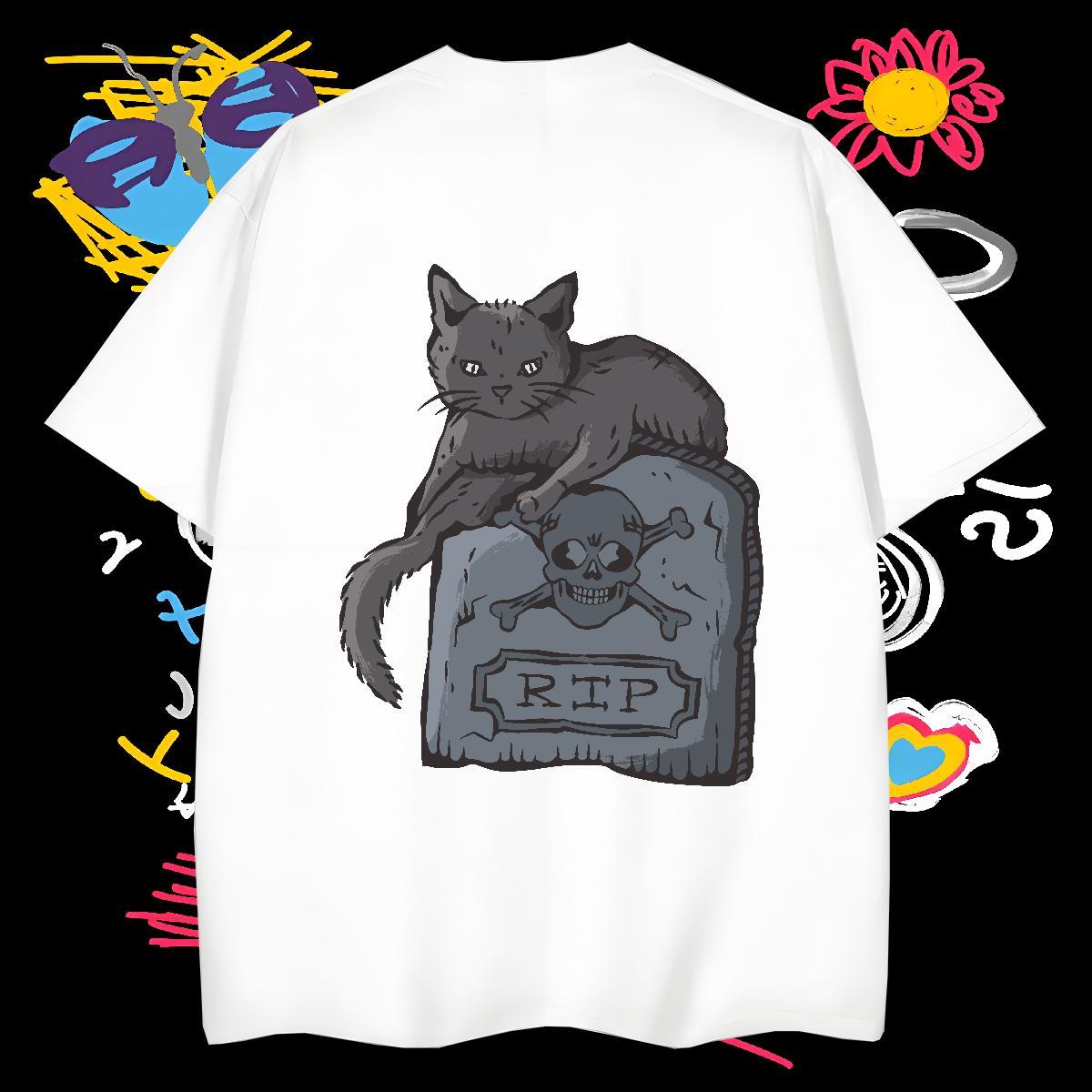 New T Shirts Men 100% Cotton 230g cat Beach Tshirts Breathable Short Sleeve Loose Men Tees Skull