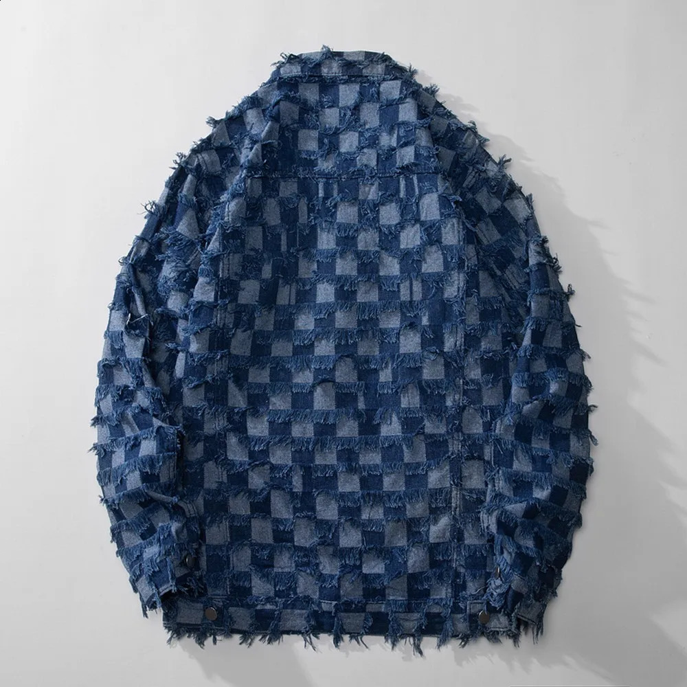 Spring Autumn Retro Blue Plaid Tassel Denim Jackets Wash Cotton Jaqueta Jeans Streetwear Loose Chaquetas Hombre Masculina Coats 240805