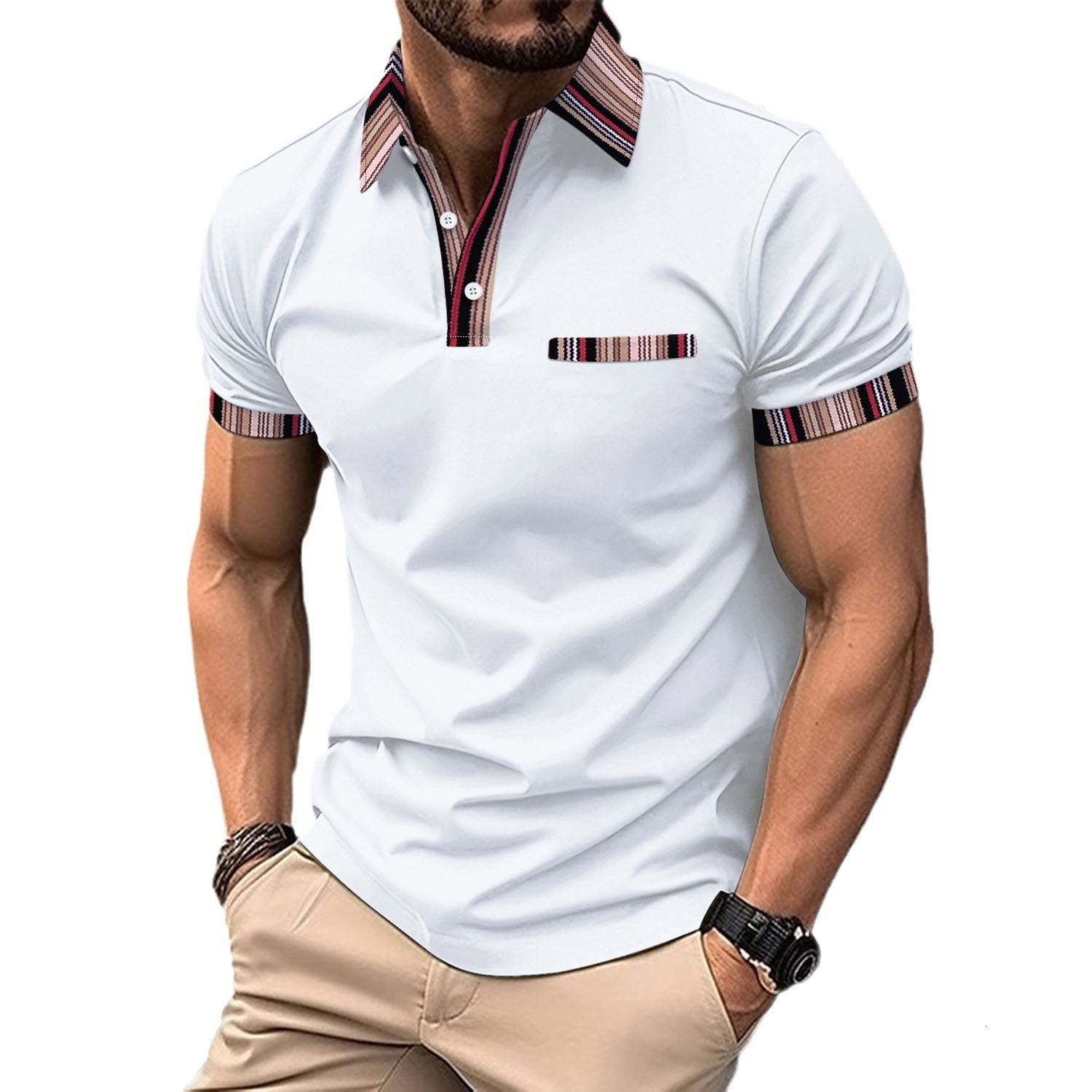 2024 new men's casual polo shirt with fake chest pocket, striped color blocked buttons, versatile for men