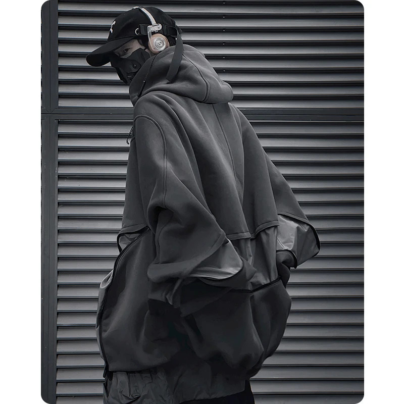 Neutral high street spring functional style irregular zipper hooded sweatshirt loose patch work bat top mens sportswear 240806