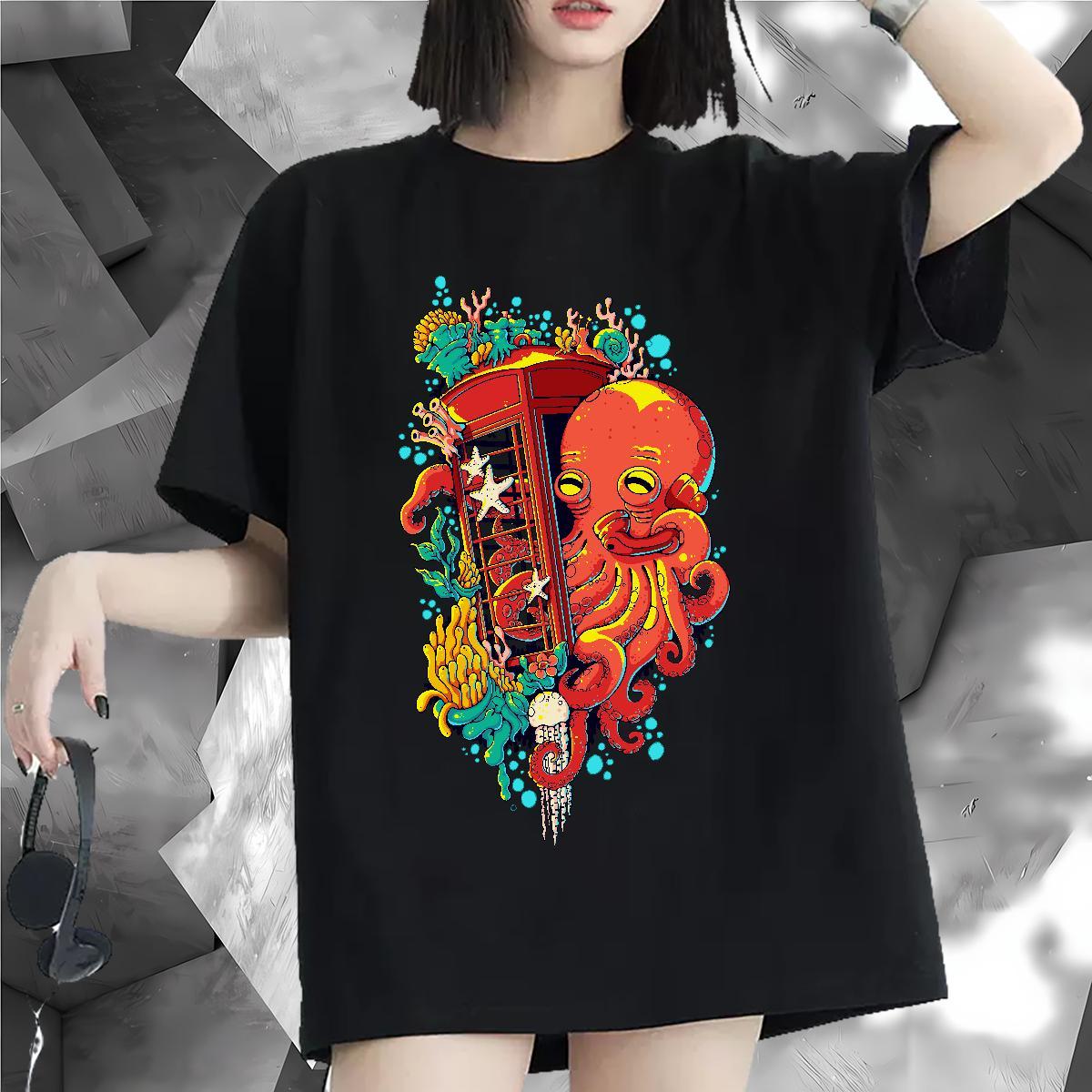 High quality T Shirts Women Short sleeve Soft Woman Tshirt Black White octopus Street 230g 100% Cotton TOP Quality Tees