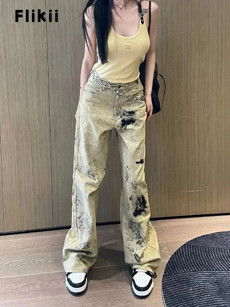 American High Street Vintage High Waist Jeans Womens Y2K Casual 2000s Straight Pants Baggy Wide Leg Grunge Washed Denim Trouser 240806