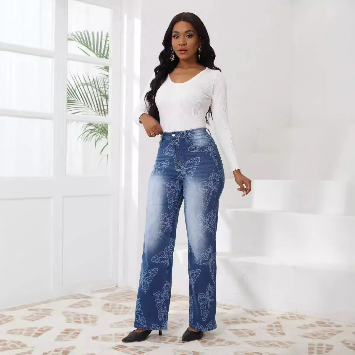 Butterfly-Pattern Jeans Women Loose Leisure Korean Style Chic Trendy Y2k Cool Streetwear Ins Female Bottom 240806