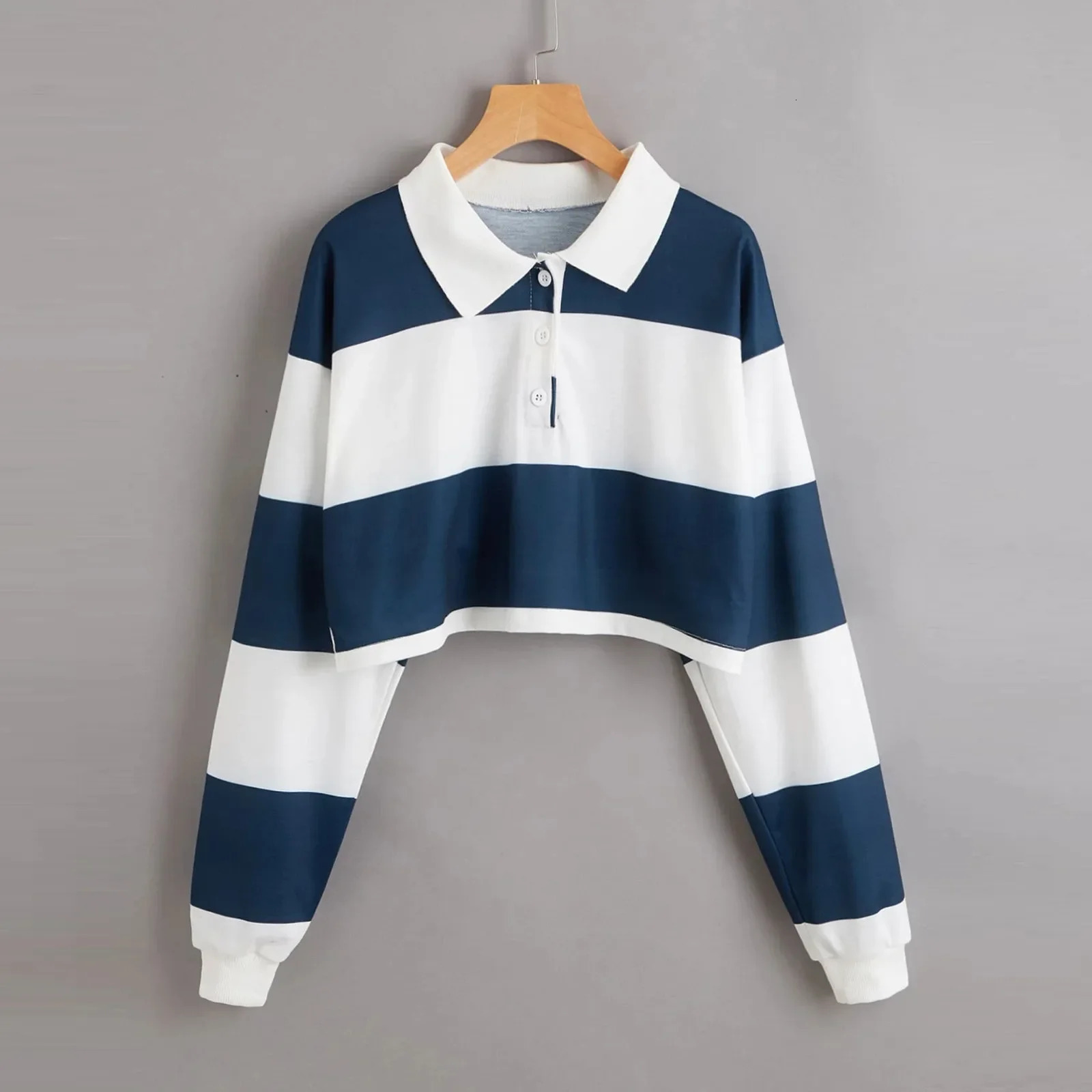 Spring Autumn Polo Collar Sweatshirt Womens Tweed Style Rainbow Stripe Cropped Long Sleeve T-shirt Top For Women 240806
