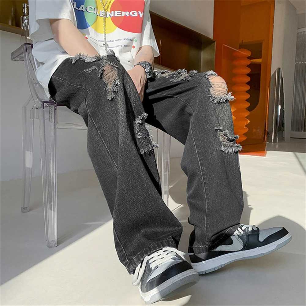 Summer Blue Black Ripped Jeans Men Fashion Casual Wide Leg Jeans Mens Streetwear Loose Hip Hop Straight Hole Denim Pants Men M250610