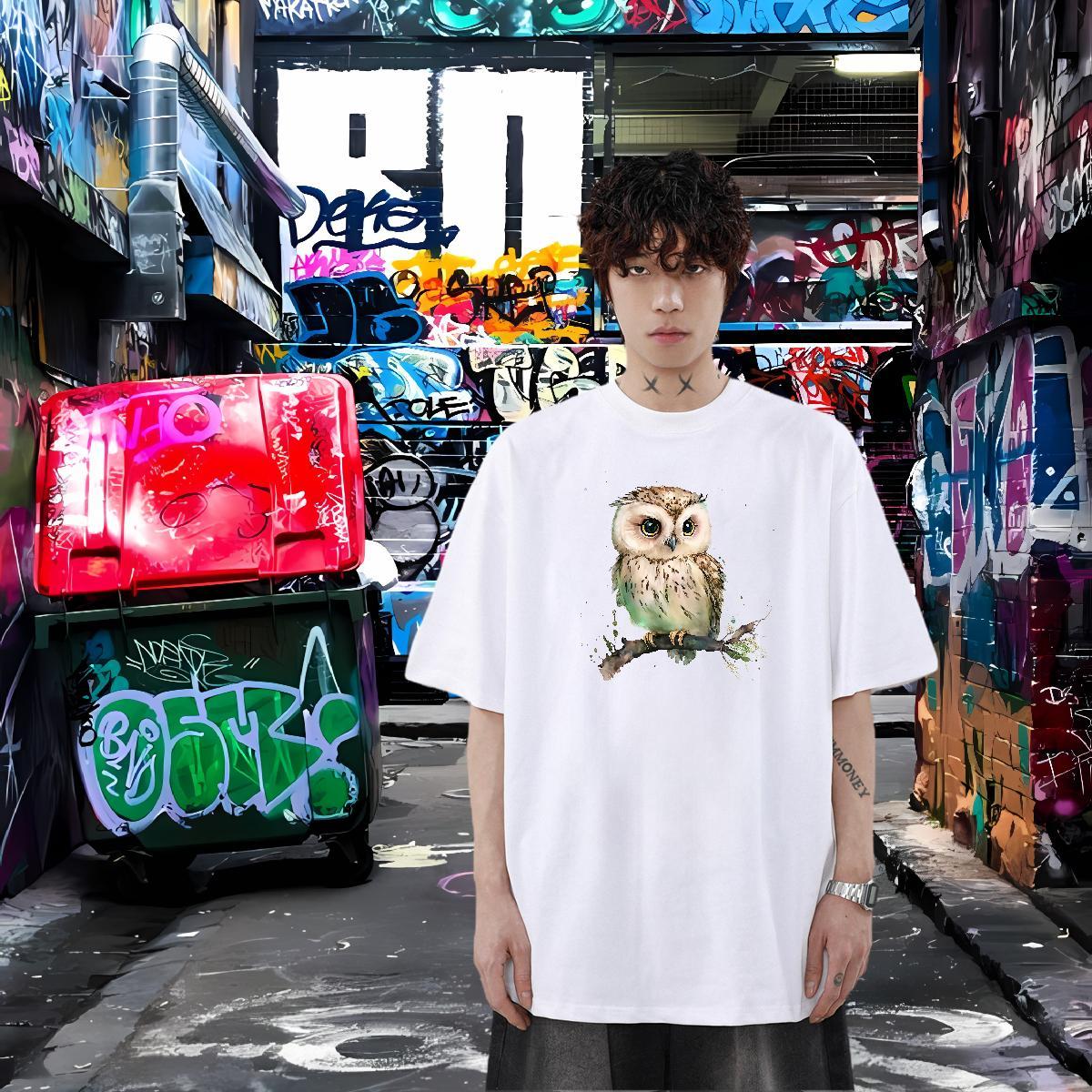 Stylist T-Shirts for Men 100% Cotton 230g Owl Spring Summer Tees Pure Cotton TOP Quality Men Tops Tees Customized Print