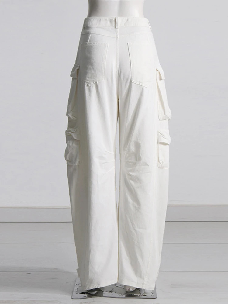 VGH White Loose Patchwork Pockets Trousers For Women High Waist Spliced Zipper Minimalist Casual Cargo Pants Female Fashion 240806
