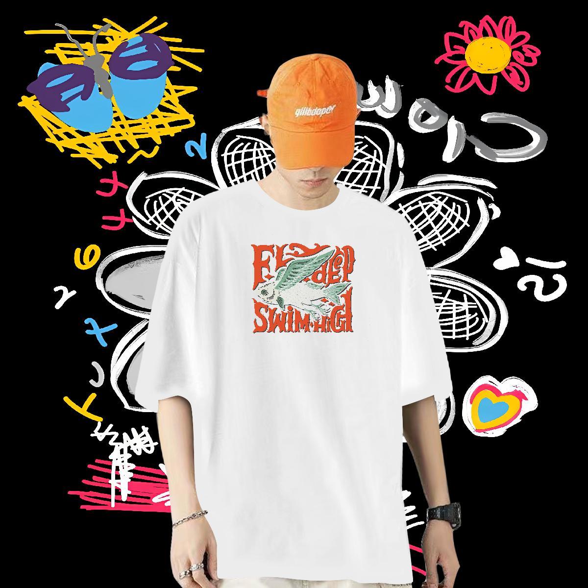 Designer Fashion T Shirts Men 100% Cotton 230g fish Summer Casual Tops Shirt Crew Neck Breathable Loose Tshirt for Man Woman DIY Printed