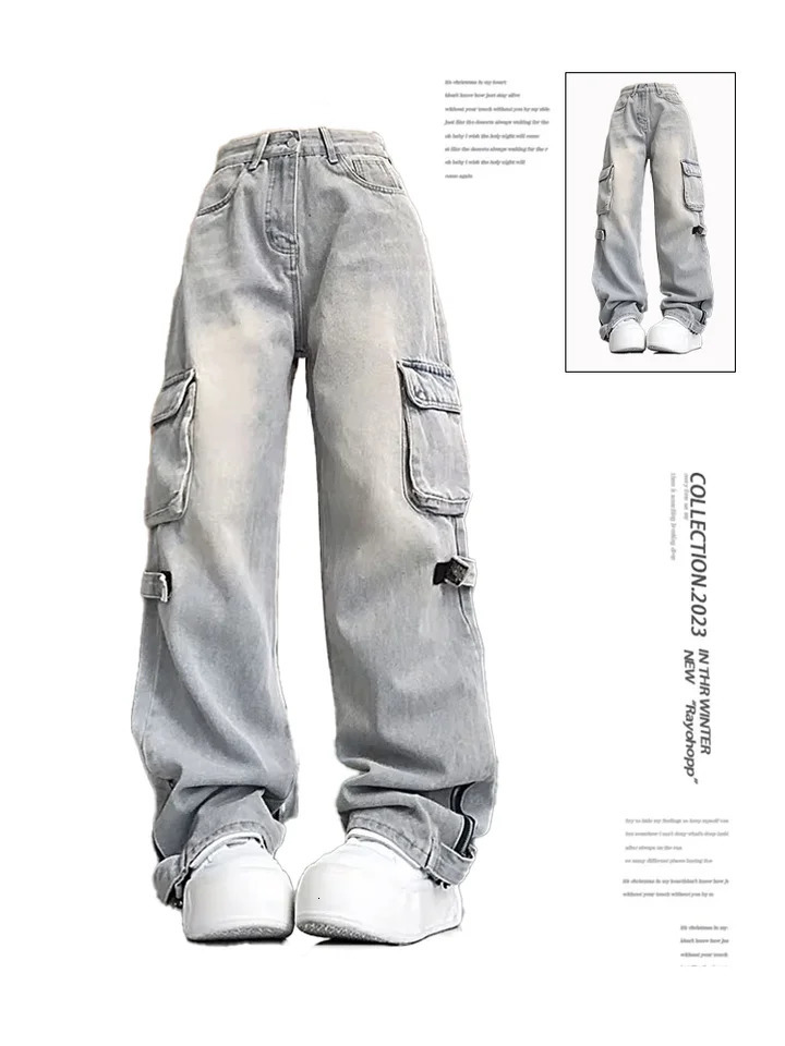 Womens Blue Cargo Jeans Harajuku 90s Streetwear Denim Trousers Y2k Jean Pants Vintage Japanese 2000s Style Trashy Clothes 240806