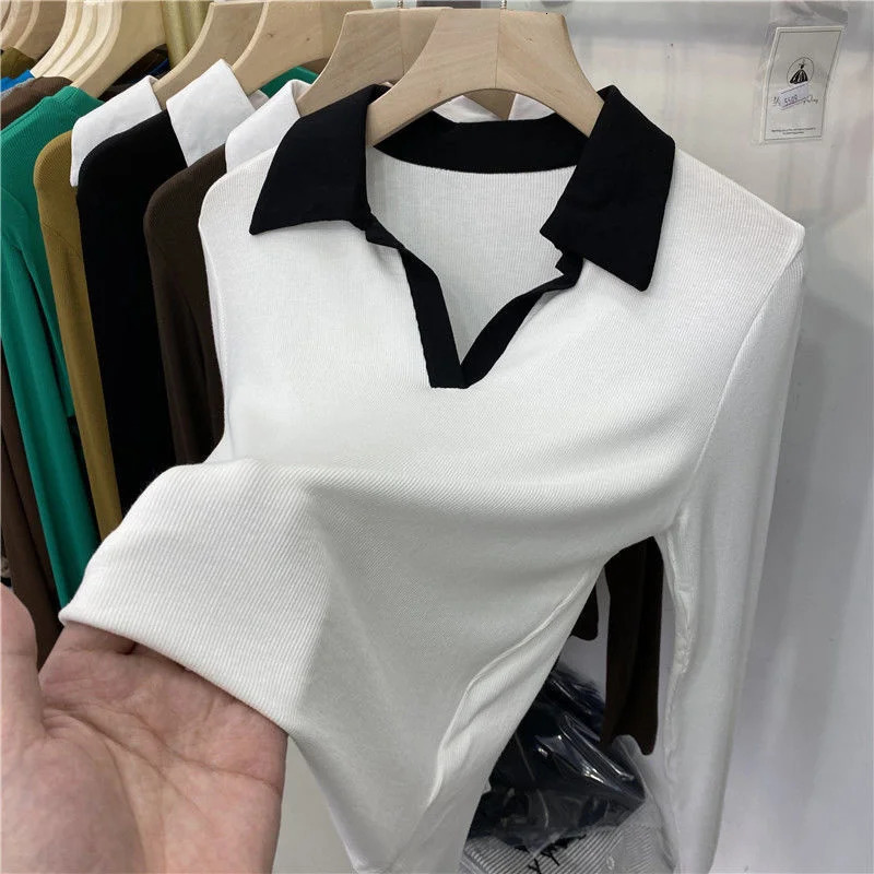 Patchwork Color Lapel Long Sleeve T Shirt Women Basic Shirts Fall Casual Elastic Rib-knit Polo Shirt Y2k Top Women Clothing 240806