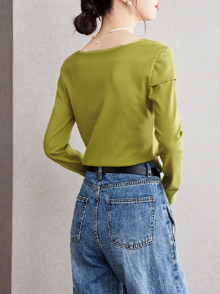 Autumn French Square Neck Tops Temperament Versatile Long Sleeved T-shirt Women Sexy Solid Color Slim Fit Top 240806