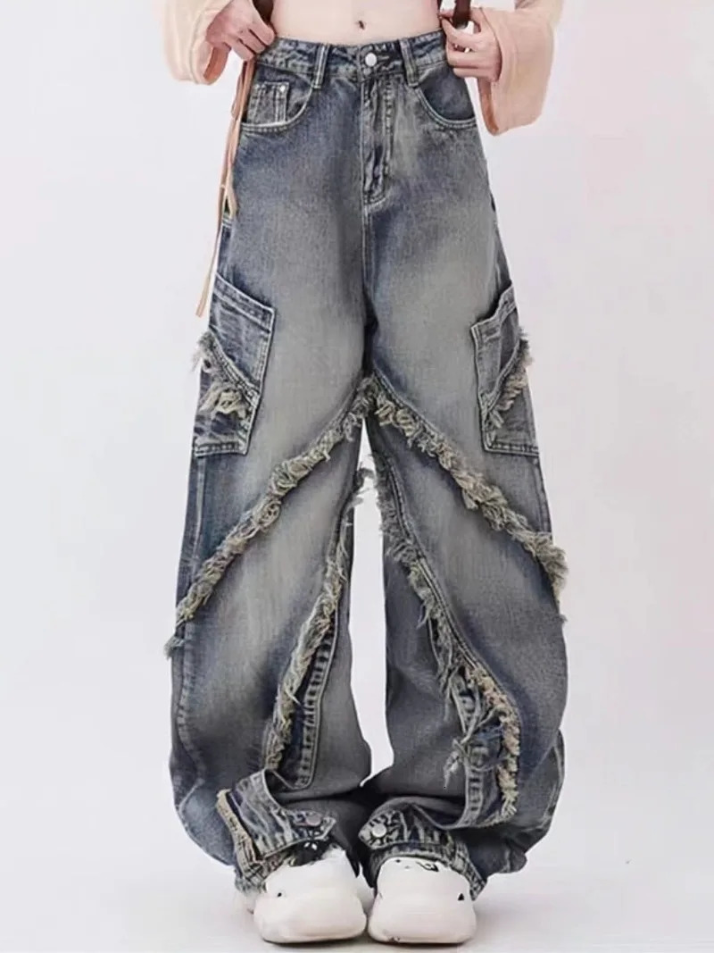 American High Street Washed Raw Edge Stitching Jeans Women Autumn and Winter Y2KINS High-End Trend Loose Slim Wide-Leg Pants 240806