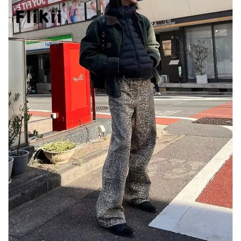 American Retro High Waist Leopard Print Jeans For Women Baggy Pocket Y2K Pants Casual Wide Leg Grunge Streetwear Denim Trouser 240806
