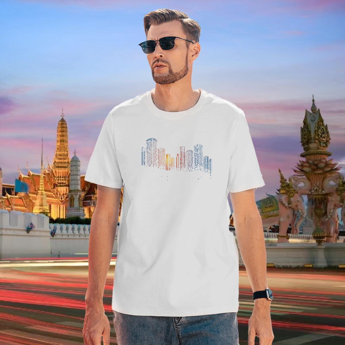 Casual New T Shirts Men 230g 100% Cotton Tall buildings Casual Daily Wear Tees Round Neck Short Sleeve High Quality Men Tshirts Custom Big Size