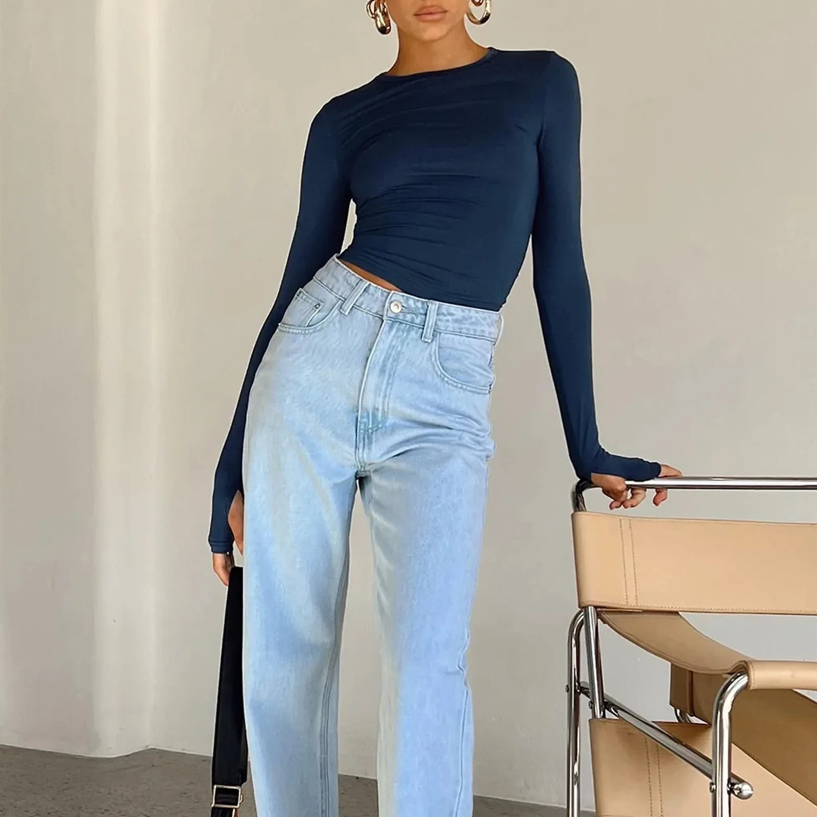 Women Long Sleeve Solid T-Shirt Slim Fit Casual Spring Autumn Pullovers Y2K Streetwear Cropped Bottoming Shirt Skinny Tops 240806