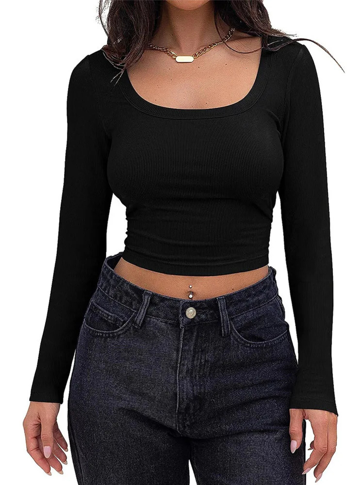 Womens Long Sleeve Square Neck Crop Top Ribbed Slim Fitted Y2K Casual T-Shirt Tops 240806