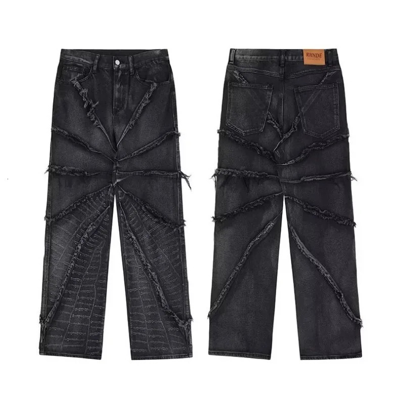 HOUZHOU Y2K Punk Black American Street Rock Retro High Waist Oversized Jeans Men Raw Edge Washed Darkwear Wide Leg Trousers 240806